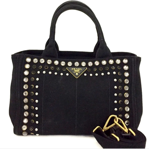 PRADA LOGI PLATE BLACK CANAPA BUJOU HAND BAG W/SHOULDER STRAP/1A3894 - Picture 14 of 14